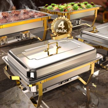 Chafing Dishes for Buffet 4 pack, 8QT [Elegant Gold and Silver Colors] Stainless Steel Chafing Dish Buffet Set [Sturdy and High Grade] Chafers and Buffet Warmers Sets for Any Party with Complete Set