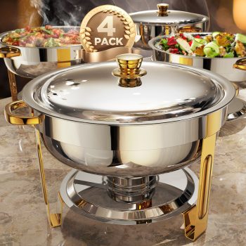 Chafing Dishes for Buffet 4 Pack, 5QT [Worry-Free Assemble] Round Chafing Dish Buffet Set [Elegant Gold and Silver Colors] Stainless Steel Chafers and Buffet Warmers Sets for Parties with Complete Set